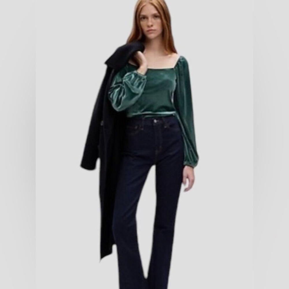 GAP Velour Squareneck Top In Dark Green Long Sleeve Size Large